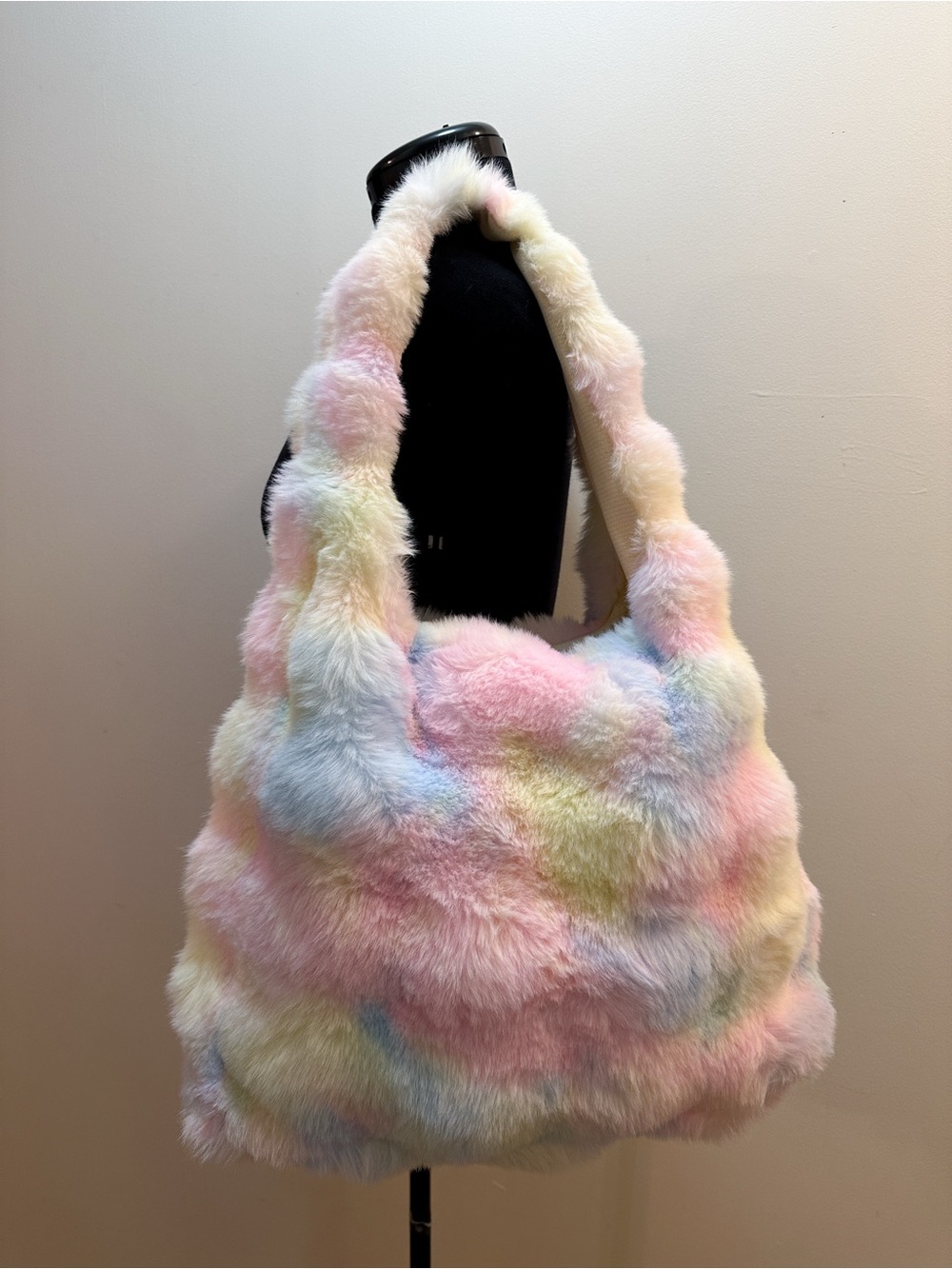 Handmade Pastel Pink Yellow Blue Bubble Rainbow Cloud Puff Faux Fur Tote Bag